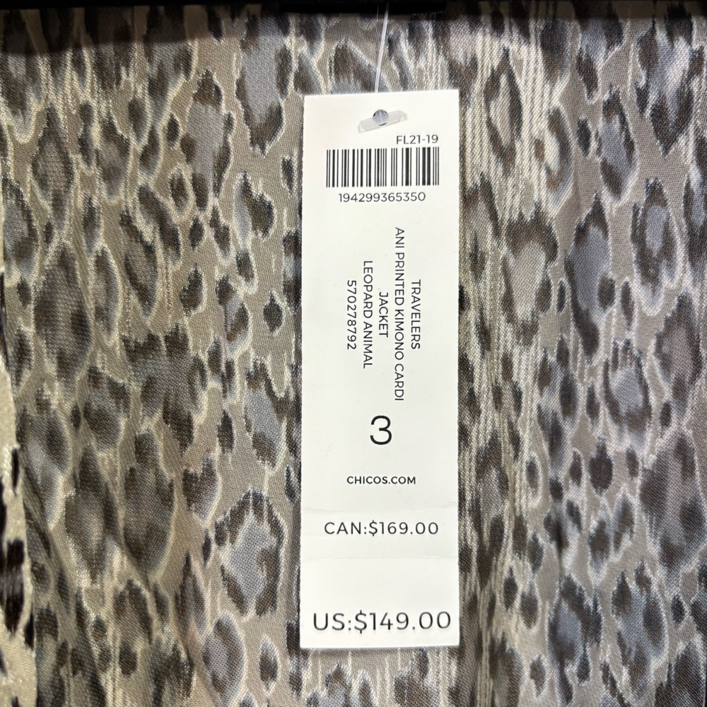 NWT Chicos Travelers Leopard Kimono Size 3 or XL - Picture 2 of 6